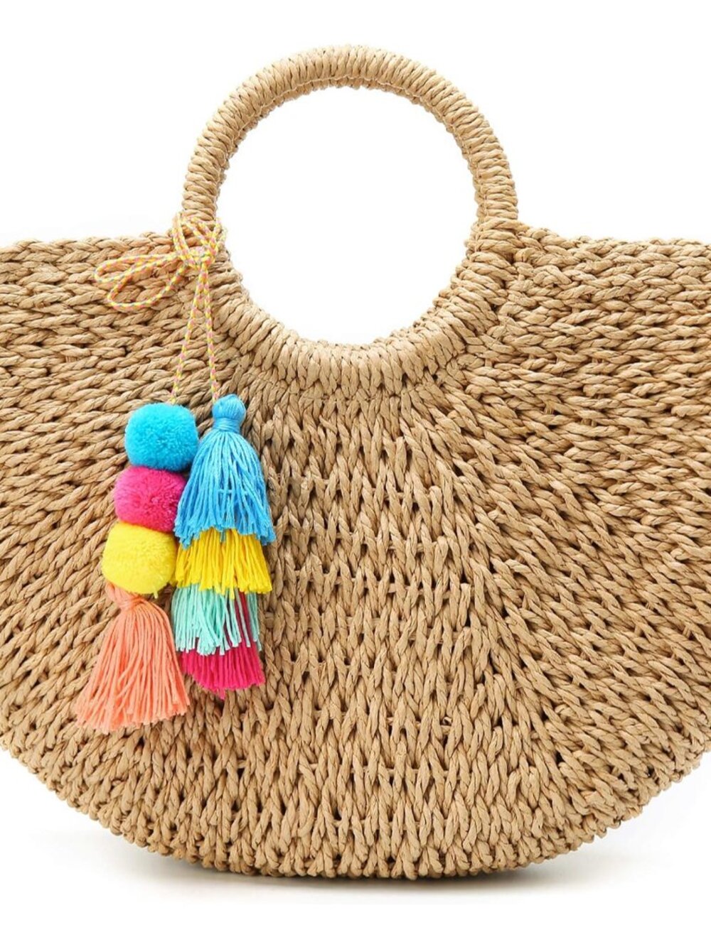 Womens Large Straw Beach Tote Bag Hobo Summer Handwoven Bags Purse wth Pom Poms